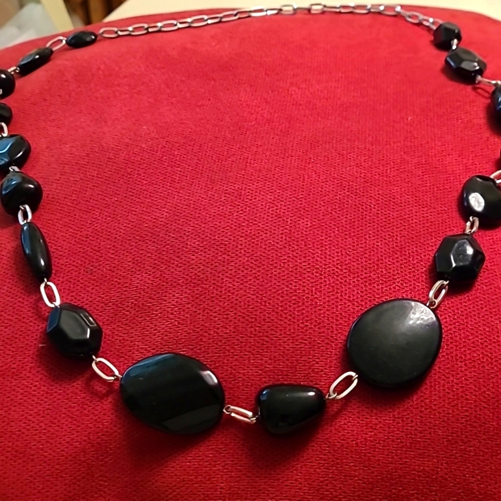 Black Assorted Beads with Silvertone Chain Necklace